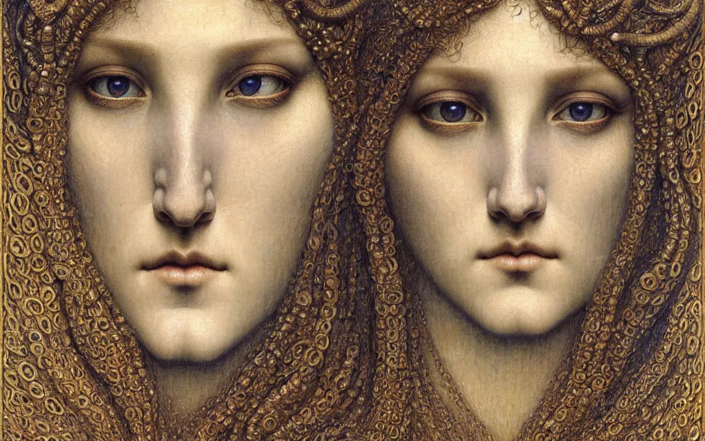 Image similar to detailed realistic beautiful young medieval queen face portrait by jean delville, gustave dore and marco mazzoni, art nouveau, symbolist, visionary, gothic, pre - raphaelite. horizontal symmetry