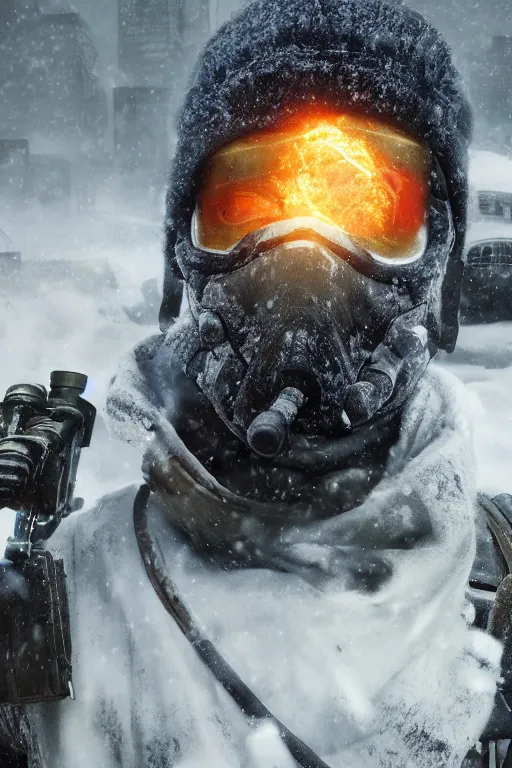 Prompt: close-up portrait of an cleaner from (Tom Clancy's The Division), (snowy new york in background), fires in background, high detail, digital art, matte painting, trending on artstation, by Tom Garden, by Marek Okon, by Abrar Khan