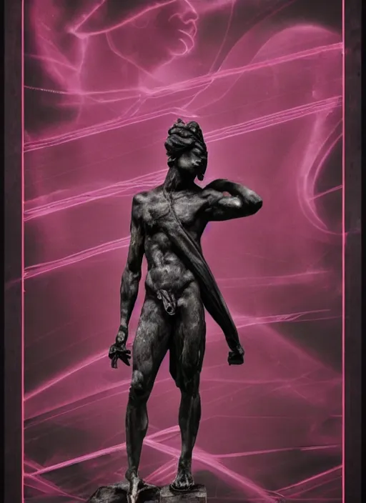 Image similar to elegant dark design poster showing a greco roman statue, black background with very subtle red and purple design elements, powerful, nekro, vito acconci, thin straight purple lines, dark, glitch art, neo vaporwave, gritty, layout frame, square, trending on artstation