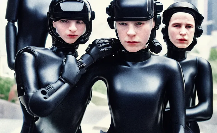 Image similar to cinestill 5 0 d photographic portrait by helen levitt of affection between two loving female cyborgs wearing black techwear in a retrofuturist garden, extreme closeup, modern cyberpunk, moody, 8 k, hd, high resolution, 3 5 mm, f / 3 2, ultra realistic faces, intricate detail, ex machina