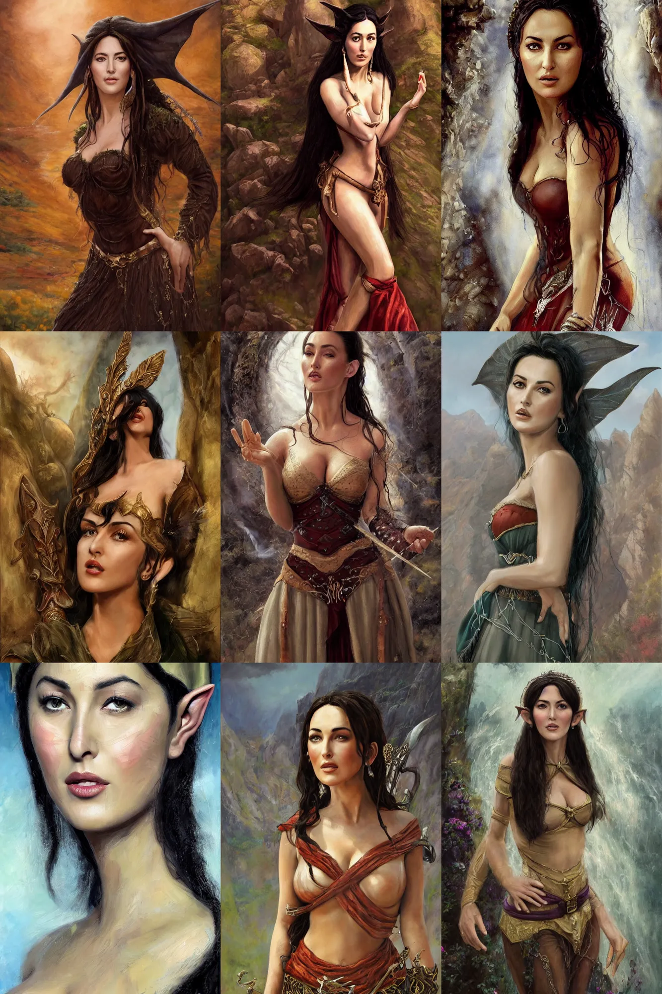 Image similar to a full body high detail fantasy portrait oil painting illustration of young monica bellucci as a beautiful sophisticated singing bard elf by justin sweet with face and body clearly visible, in a scenic background, pupils visible, realistic proportions, d & d, rpg, forgotten realms, artstation trending, high quality, sombre mood, artstation trending, muted colours, entire person visible!