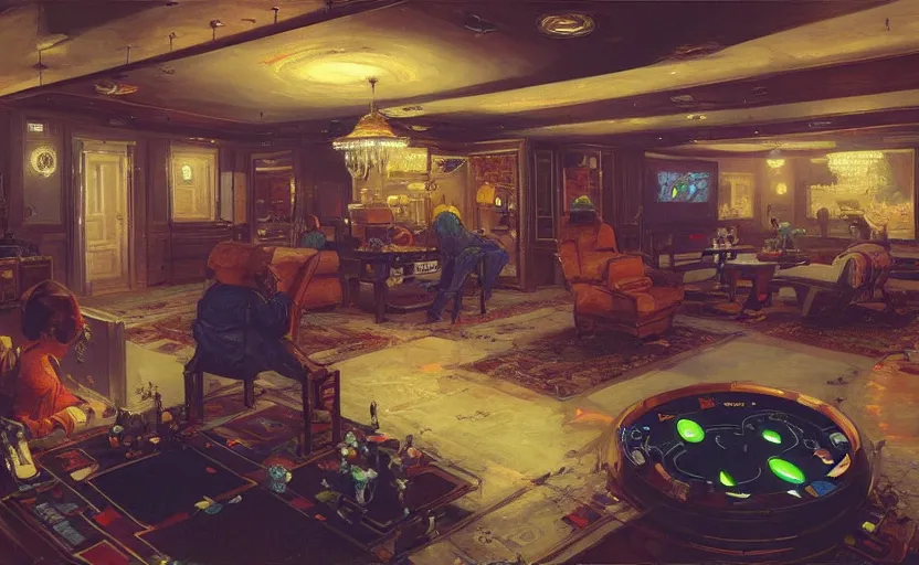 Prompt: two alien playing game at its spacious gaming room, hi - tech gaming setup, intricate, led lights, 1 9 3 0 s, indoor, spacious, artstation, art by colin campbell cooper