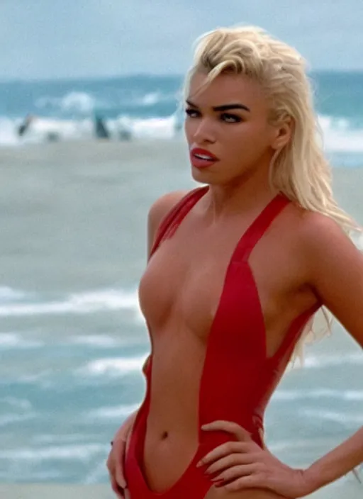 Image similar to a film still of dua lipa as pamela anderson in baywatch. cinematic.