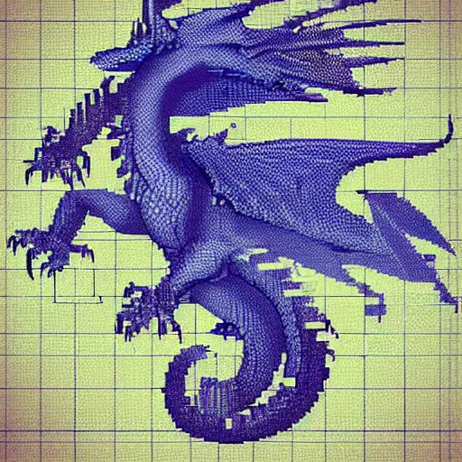 Image similar to blue blueprint of a fantasy dragon pixel art