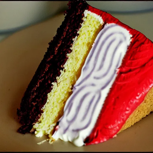 Prompt: slice of cake, the cake has the pattern of the south african flag, south african, realistic photograph