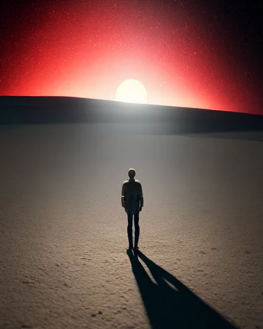 Image similar to a person standing in front of a glowy open door that's on a barren moon, poster art by mike winkelmann, trending on cg society, space art, sci - fi, ue 5, futuristic, volumetric lighting, light casting onto the ground, neat composition and camera angle