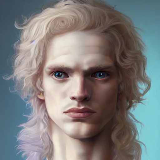 Image similar to a portrait of a beautiful androgynous blond man, germanic pale white skin and long fluffy curly blond hair, sharp lavender eyes, Center parted curtain bangs, close up view, head and upper body, looking upward, fullface, light from above, by Peter Mohrbacher, trending on artstation, 8k