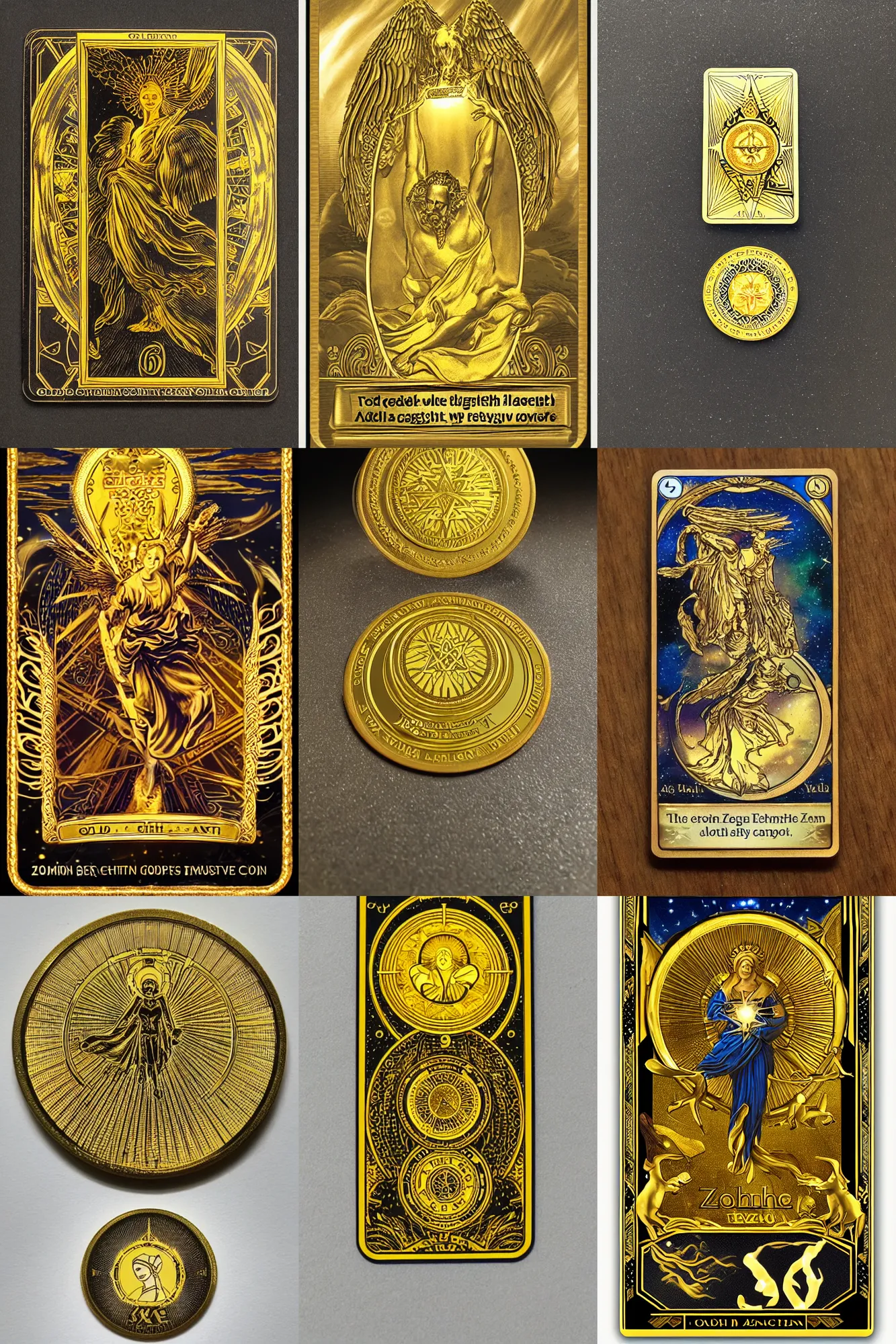 Prompt: golden zenith coin with glow tarot card