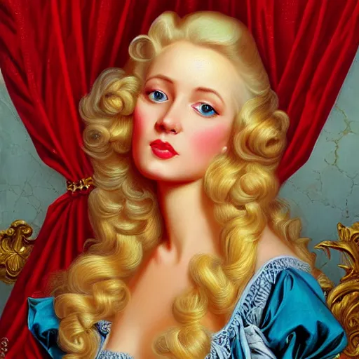 Prompt: woman with long blonde hair, ultra detailed, beautiful eyes, by greg hildebrandt fancy rococo baroque oil painting high quality clothed in fancy garb in pin up style