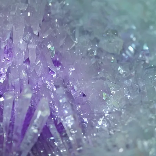 Prompt: ultra high definition nature documentry footage of a misty ethereal crystal forest made of amethyst and opal crystals