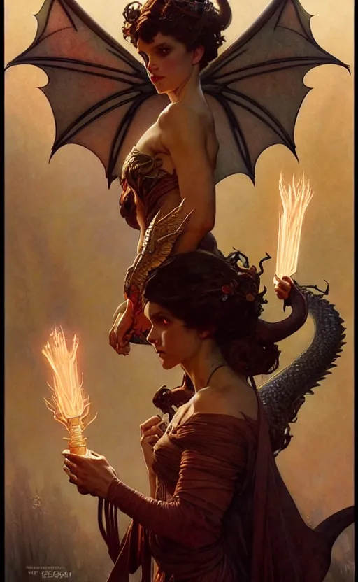 Image similar to magic dragon gorgeous lighting by weta studio, mucha, bautista and norman rockwell and greg rutkowski and tom bagshaw and james gurney and lucasfilm