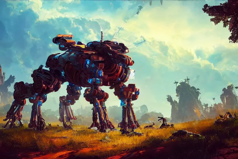 Image similar to thunderjaw machine mecanical creature robot of horizon forbidden west horizon zero dawn radiating a glowing aura global illumination ray tracing hdr fanart arstation by ian pesty and alena aenami artworks in 4 k