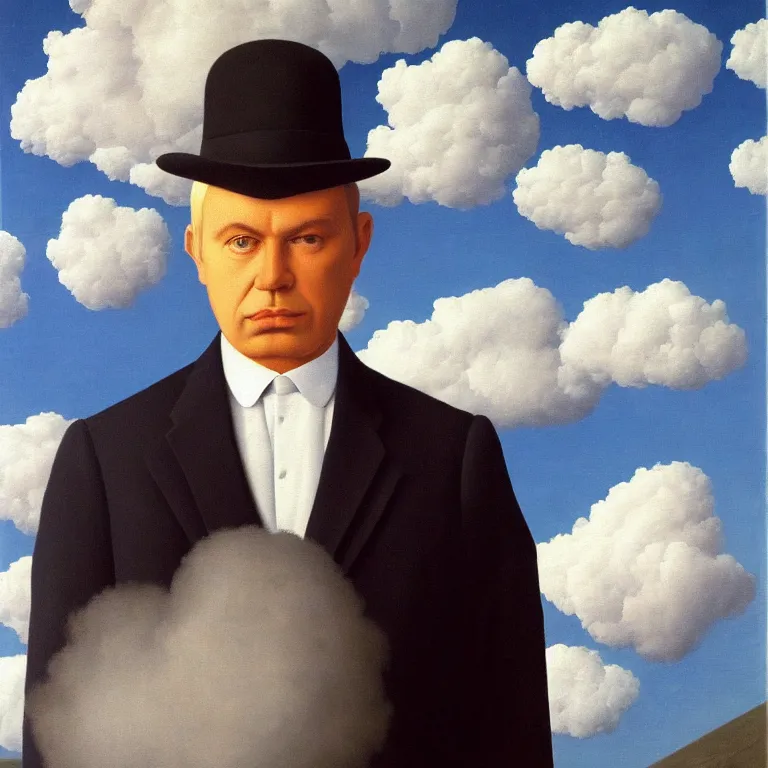 Image similar to portrait of a man made out of clouds in a suit, by rene magritte, detailed painting, hd, hq, high resolution, high detail, 4 k, 8 k