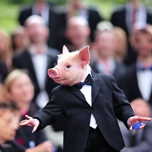 Prompt: a miniature pig in a suit giving a speech in front of a crowd of people