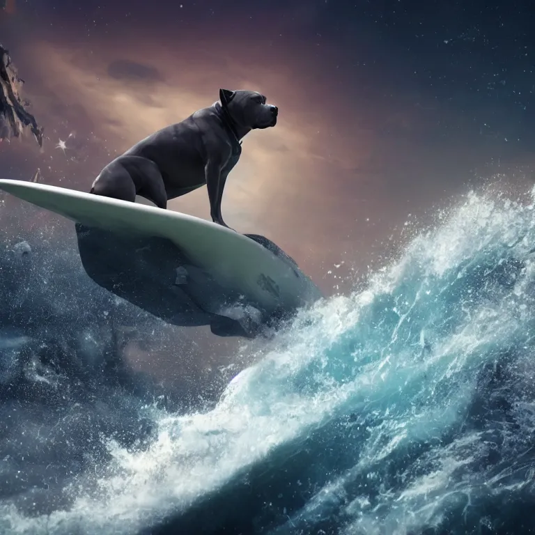 Image similar to photo of a skinny dark gray coat pit bull with a white paws and a white nose!, surfing on a surfboard in a crashing wave of alien galaxy, trending on art station, ocean in space, background is an alien galaxy, aliens in the background, alien colors, octane render, unreal engine, wide view, 8 k, highly detailed