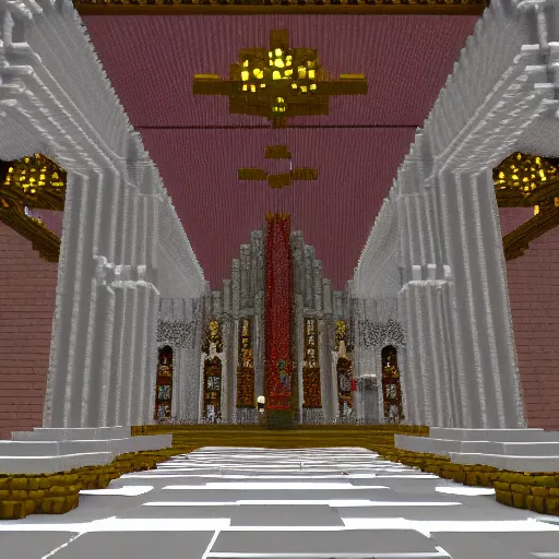 Image similar to inside a large church cathedral for a blood god built in minecraft, ornate, fancy, gloomy