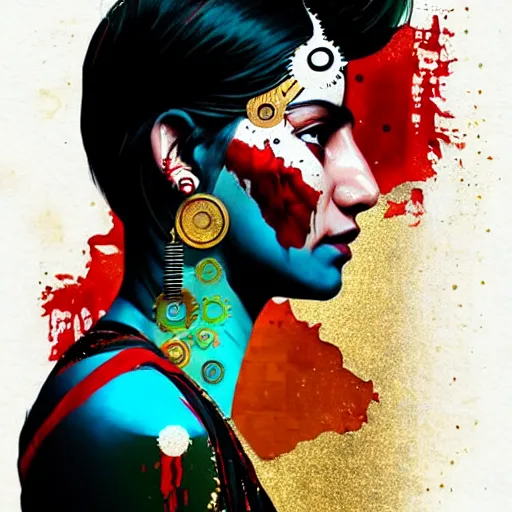 Prompt: portrait of chitral woman :: side profile :: in ocean :: clockwork details :: gold :: blood and horror :: by marvel and Sandra Chevrier