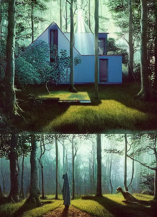 Image similar to hyper realistic witchy modern house with mood lighting and tech in the woods gorgeous lighting, sunbeams blue sky, highly detailed, lush forest foliage painting by zdzisław beksinski and norman rockwell and greg rutkowski weta studio, and lucasfilm