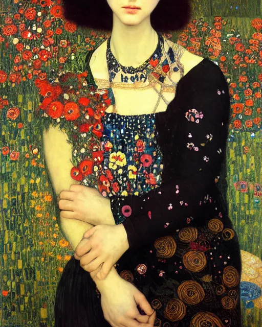 Prompt: a beautiful girl in a black dress with surrounded by colourful patterns and flowers, by gustave klimt and edgar maxence and caravaggio and michael whelan, artistic, intricate drawing, light brazen, realistic fantasy, extremely detailed and beautiful aesthetic face, 8 k resolution, dramatic lighting