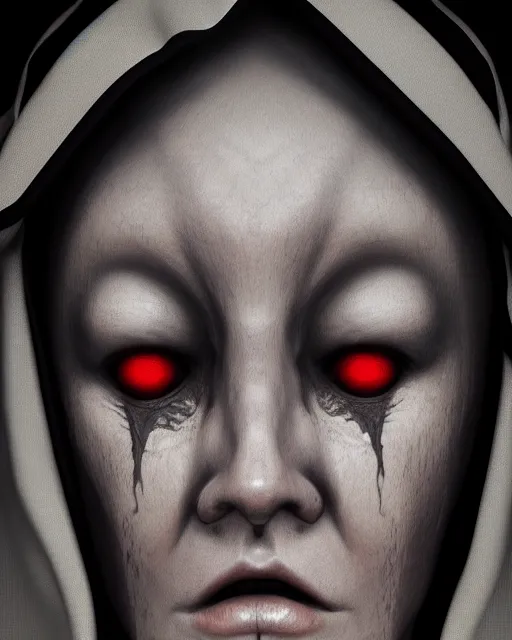 Image similar to headshot portrait of nightmare nun inspired by occult ritual, monstrous face, detailed, textured, realistic, unreal engine, cgsociety, cinematic lighting, concept art