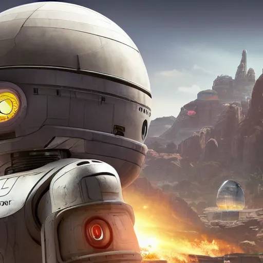 Prompt: friendly robot in front of a clean white sci-fi dome in a pleasant urban setting, peaceful, majestic, a sense of hope, in style of apex legends, art station, ultra hd, soft light, overhead sun, ultra hd, art station