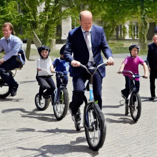 Image similar to chancellor of germany olaf scholz riding a tiny childrens bycicle