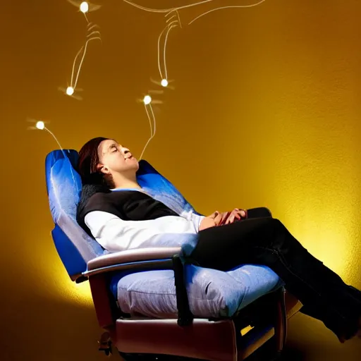 Prompt: recliner chair floating in space, acupuncture treatment, a person receiving acupuncture, galactic background, dreamy, dramatic lighting, universe scale