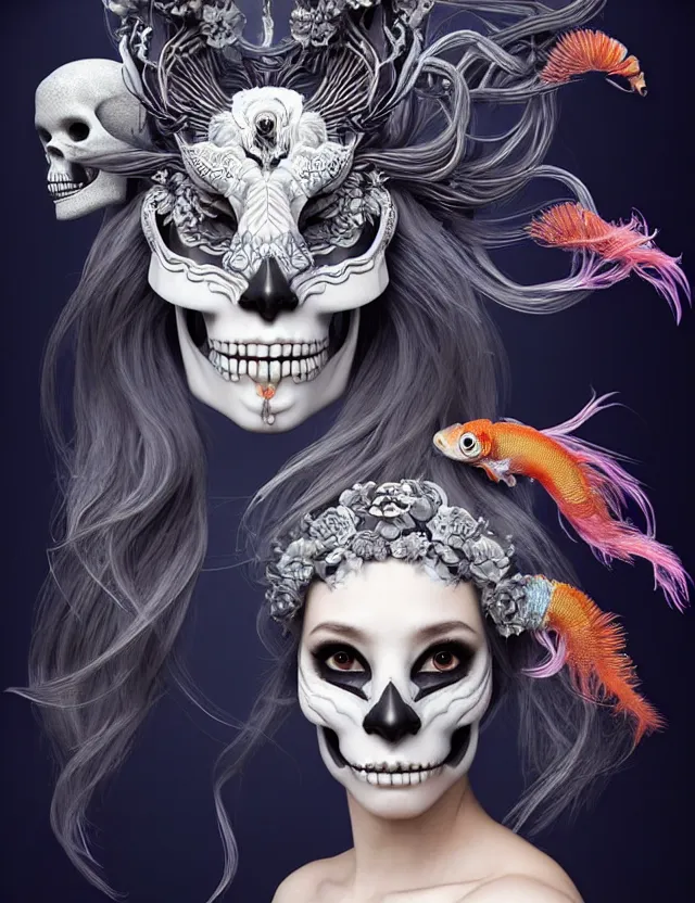 Image similar to 3 d goddess skull half - turn portrait with long hair with ram skull. beautiful intricately detailed japanese crow kitsune mask and clasical japanese kimono. betta fish, jellyfish phoenix, bio luminescent, plasma, ice, water, wind, creature, artwork by tooth wu and wlop and beeple and greg rutkowski