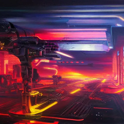 Prompt: world war in the year of 2 0 7 0, futuristic technologies, neon lights, oil painting, highly detailed