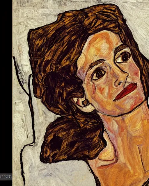 Image similar to portrait of julia roberts on the sofa reading a book, in the style of Egon Schiele