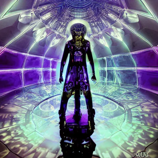 Prompt: A space wizard stand in front of giant, glowing crystal sits in the center of a dark room, Strange symbols line the walls, and a soft light glows from somewhere deep within the room, highly detailed, digital photo, HDRI, by christopher bretz and kael ngu, vivid colors, high contrast, 8k resolution, intricate, photorealistic, smooth, psychedelic color scheme, concept art, award winning, cg society contest winner