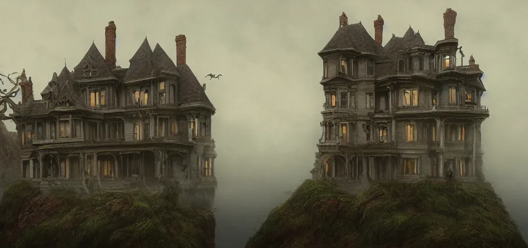 Image similar to victorian mansion hanging over a cliff by the ocean, horror, fog, scary, addams family style, 8k, james gurney, greg rutkowski, john howe, artstation