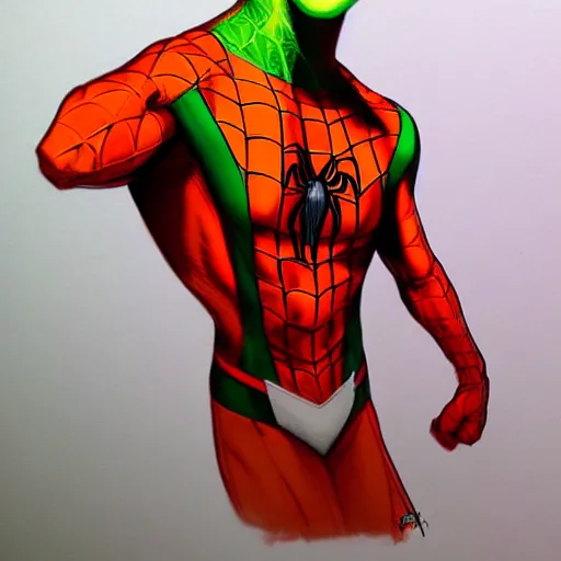 Image similar to an orange and green spiderman by artgerm