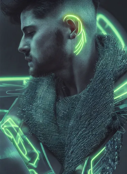 Image similar to a highly detailed long shot photo of masculin male face portrait, futurism, rococo cyber neon lighting, detailed futuristic fibonacci jewelry, profile posing, hyper photorealistic, crispy quality, digital photography, trending in pinterest, cinematic, 4 k ultra hd, art by pascal blanche, art by greg rutkowski, art by artgerm,