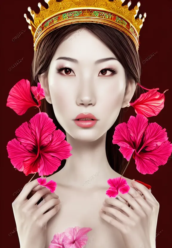 Image similar to beautiful oriental woman with gorgeous crown, symmetrical portrait, realistic, full body, white snake wrapped around body, hibiscus rosa - sinensis, rich in detail, by wlop