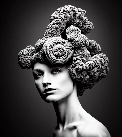 Image similar to dark background, a black and white high quality dreamy photo of a young beautiful female queen-vegetal-dragon-cyborg bust with a very long neck and delicate Mandelbrot fractal face, anatomical, facial muscles, veins, arteries, elegant, highly detailed, flesh highly baroque ornate, hair are curled wired cables, elegant, poetic, dreamy, mysterious, high fashion, rim light, in the style of Ellen von Unwerth, Realistic, Refined, Digital Art, Highly Detailed, Cinematic Lighting, rim light, black and white, photo-realistic, 8K