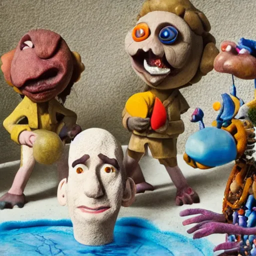 Prompt: a claymation film still of anthropomorphic stone / collection / ethnographic museum / claymation by jeff koons