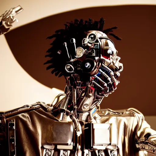 Image similar to a cinematic film still of rapper unotheactivist as a cybernetic cyborg, cgi, surrealism, film photography