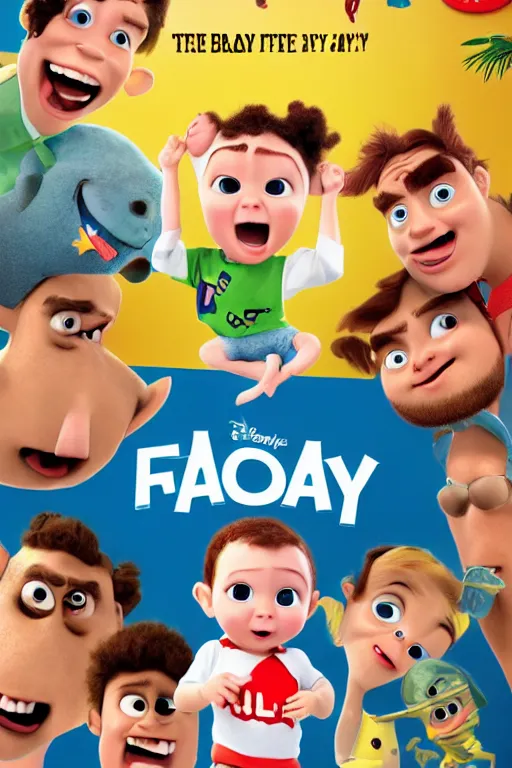 Prompt: movie poster for frat baby, an official promotional poster for the pixar animated film frat baby about a baby in a fraternity who has to learn how to party with frat bros, high quality animated film poster