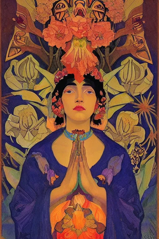 Image similar to queen of flowers, by Nicholas Roerich and Annie Swynnerton and Diego Rivera, dramatic cinematic lighting , ornate headdress , flowing robes, sacred artifacts, lost civilizations, smooth, sharp focus, extremely detailed