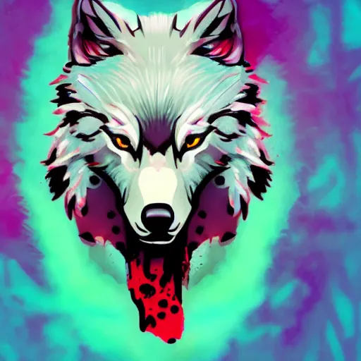 Image similar to wolf with blood coming out of its mouth, realistic, vaporwave