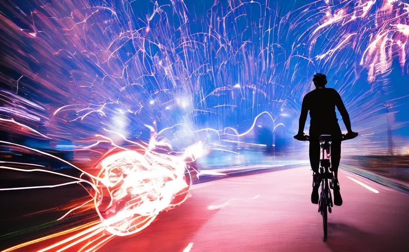 Prompt: a person on a high-tech bicycle with a rocket engine attached to the back, flames and fire shooting out the back, light trails and motion blur and sparks, stylized photo