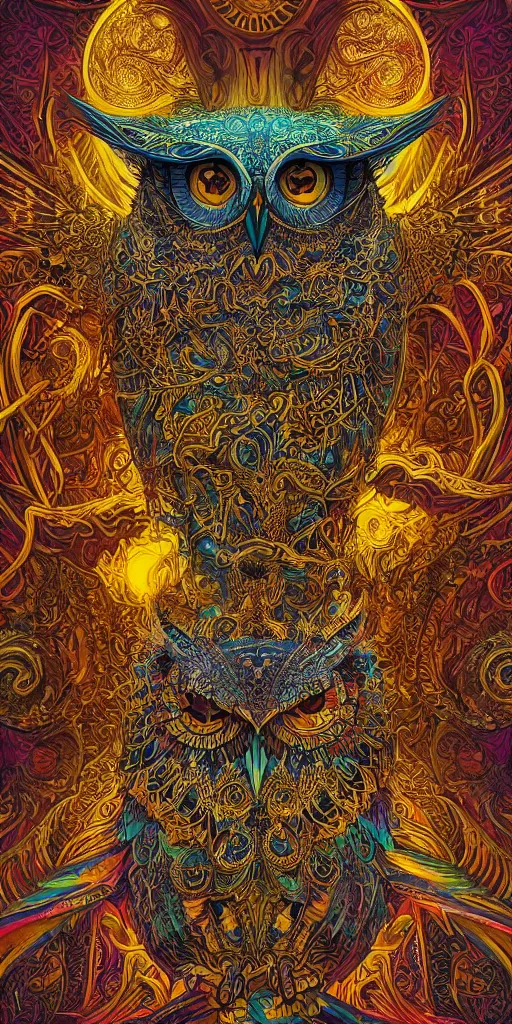 Prompt: intricate ornate of an owl with beautiful yellow eyes on a psychedelic journey in the style of android jones, symmetrical, sacred, ethereal, sacred geometry, hyper detailed, high detail, artstation, octane, unreal engine