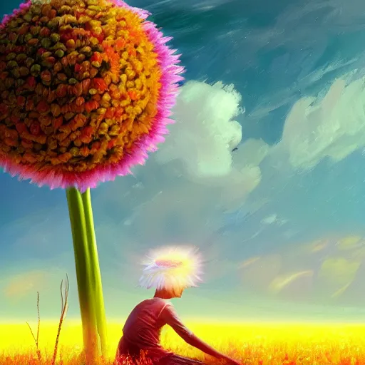 Image similar to giant daisy flower as head, girl sitting in a flower field, surreal photography, sunrise, dramatic light, impressionist painting, colorful clouds, digital painting, artstation, simon stalenhag