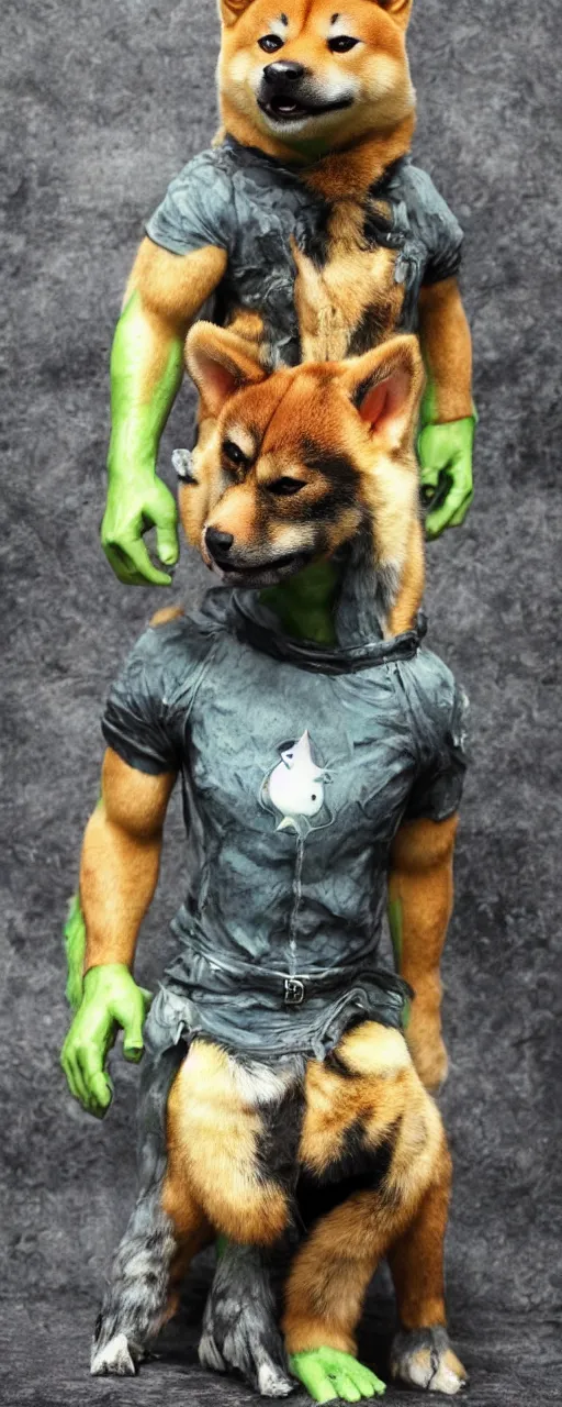 Image similar to a fantasy character with a cute shiba inu head and the incredible hulk body ， cinematic ， unreal 5 ， photography ， 5 5 mm ， aperture f 1. 4