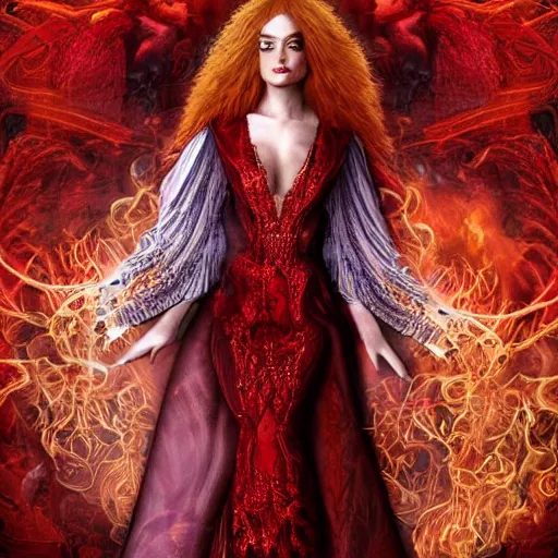 Image similar to Redhead Fire Priestess, wild hair, in a beautiful flowing red dress surrounded by flames, clothes, intricate hellish decoration on the dress, on the background of an ancient cathedral, Designer clothes, vouge photo, fashion style, fullbody, in full growth, intricate, elegant, highly detailed, artstation, concept art, smooth, sharp focus, illustration, art by greg rutkowski and orientalism and bouguereau and Zdzislaw Beksinski, good clear quality, lighting, biology, symmetrical artwork, perfect face, 135 mm, cinematic, hyper realism, high detail, octane render, 8k, chrome accents