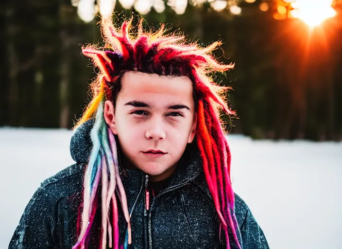 Image similar to dslr photo portrait of a boy, with colored dread hair in snow, sunrise, 8 k, 8 5 mm f 1. 4