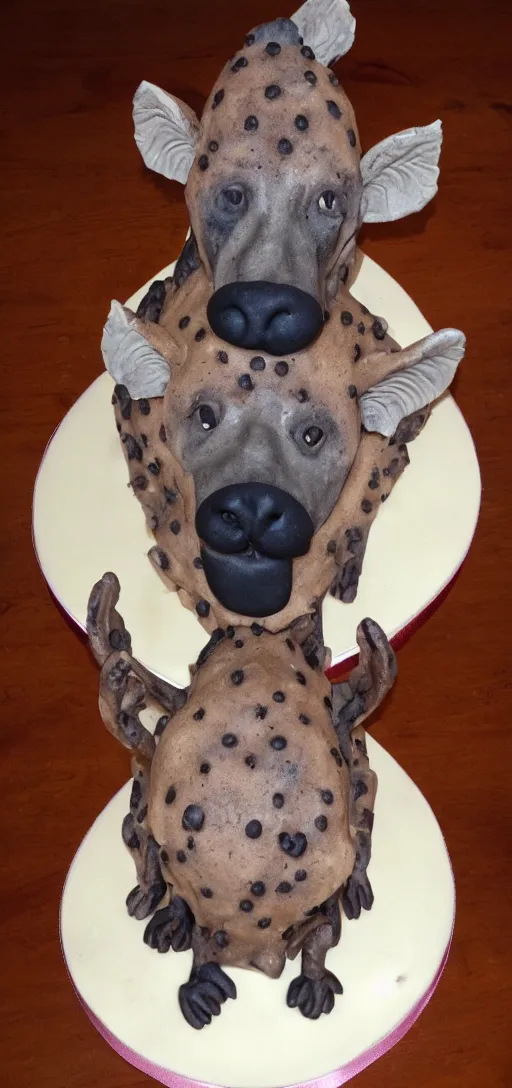 Prompt: birthday cake with a hyena sitting on top of the cake