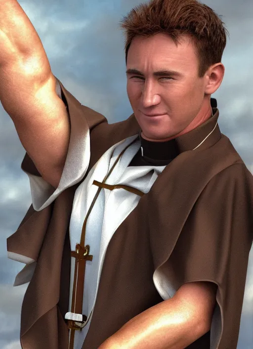 Image similar to billy herrington priest, 4 k, real life photo, photorealistic, high details, detailed face, priest uniform