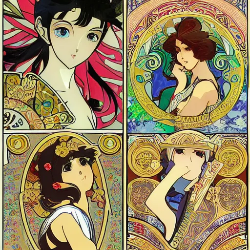 Image similar to anime manga ornaments illustration style by Alphonse Mucha and James Roper pop art pattern nouveau